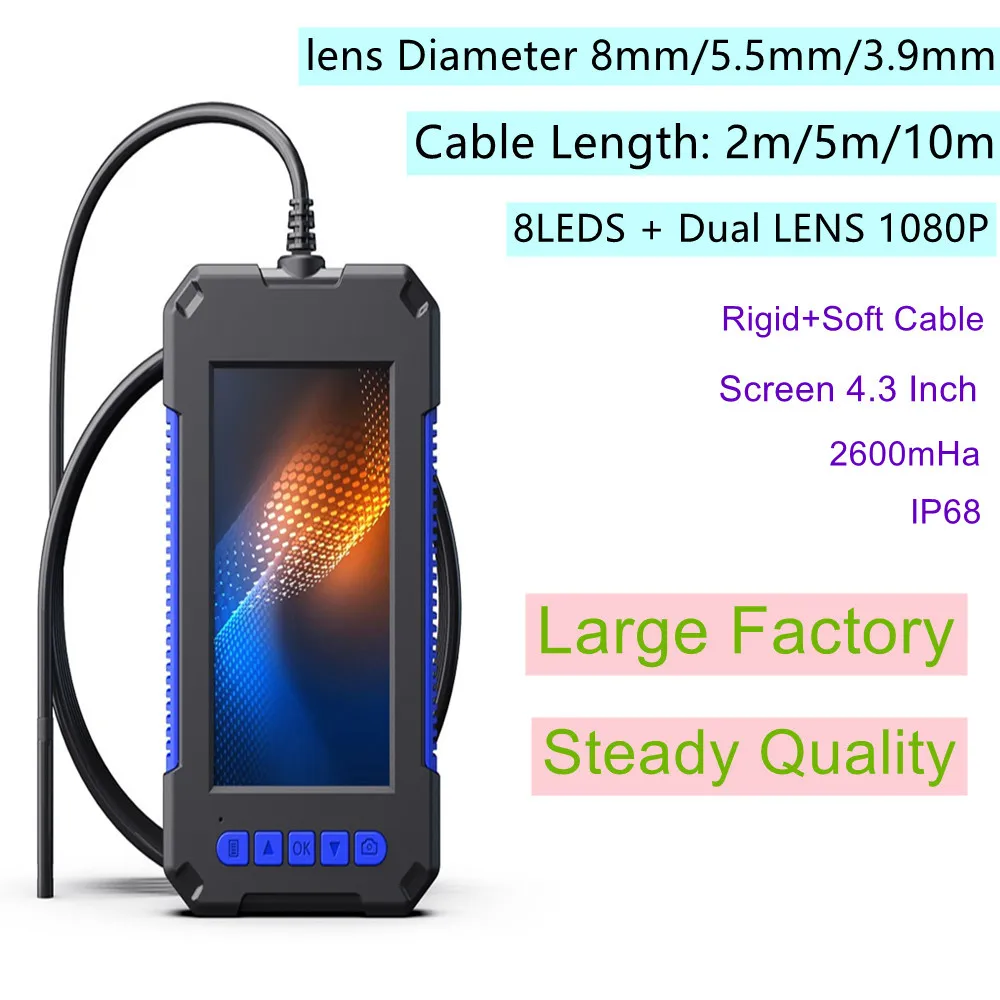 

3.9mm P40 Industrial Endoscope Camera Single & Dual Lens 5.5mm 8mm 1080P 4.3" IPS Screen Borescope IP68 Waterproof LEDs 2600mAh