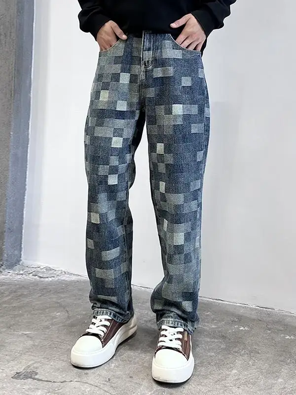 

Американские джинсы-клеш в стиле High Street с мозаичным клетчатым узором, мужские, с лоскутным шитьем, в стиле шахматной доски, повседневные, свободного кроя, модная уличная одежда
