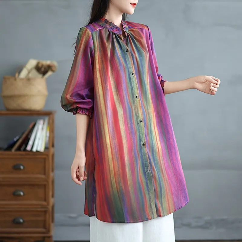 Women Casual Long Shirt New Arrival 2024 Autumn Vintage Striped Half High Collar Loose Female Thin Tops Shirts B3942