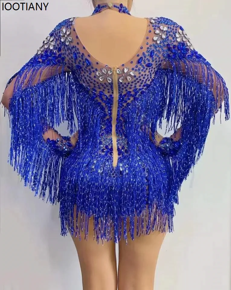 Birthday Celebration Dance Bar Female Singer Costume Adult Concert Blue Silver Rhinestone Tassel Tights Stage Performance Dress