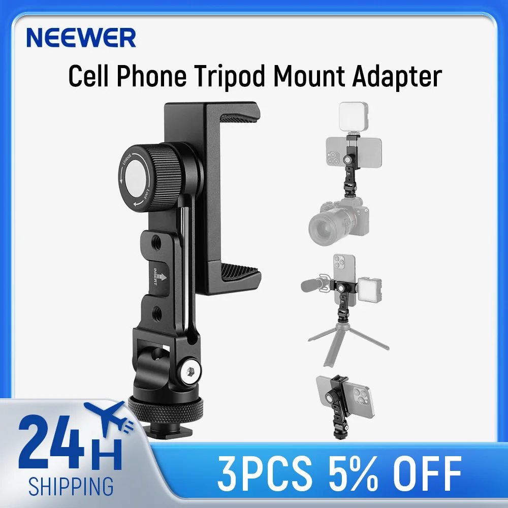 Neewer Universal Metal Cell Phone Tripod Mount Adapter 360° Horizontally Rotatable Phone Holder For iPhone Samsung for Vlogging