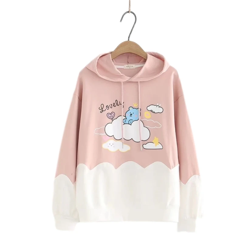 

2023 Kawaii Anime Graphic Hoodies Women Girls Clothes Cute Pullover Pink Long Sleeve Top Cloud Bear Cartoon Hooded Sweatshirt