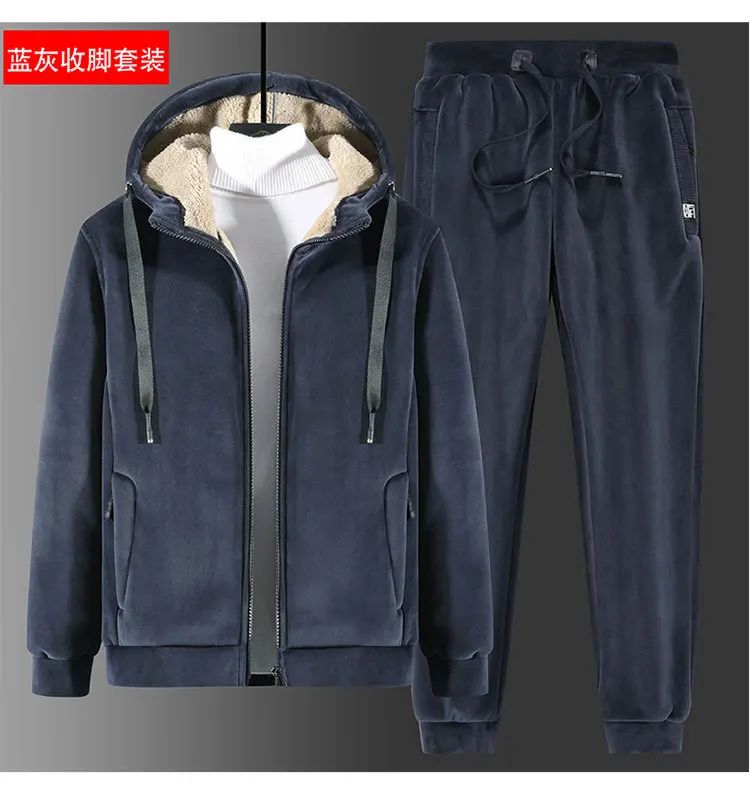 Herren Samt-Sherpa-gefütterter Trainingsanzug, Kapuzenjacke mit Reißverschluss, Jogginghose mit Kordelzug, Winter, dick, warm, Fleece, zweiteiliges Freizeitoutfit – Detail 11