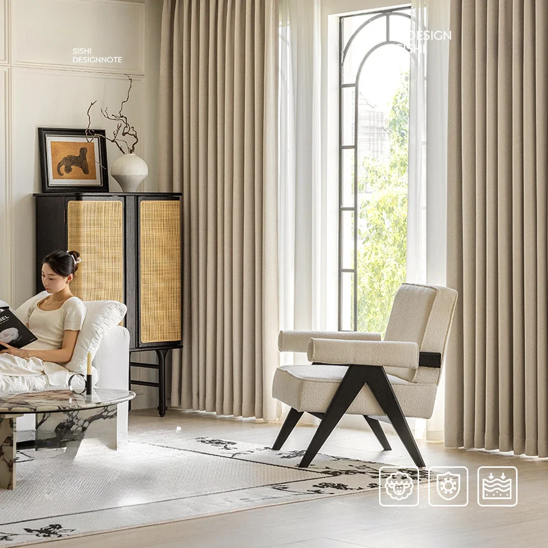 ستائر دافو الشنيل كريم التظليل الكامل لغرفة المعيشة معزول واقي من الشمس قماش ستارة المنزل بالكامل