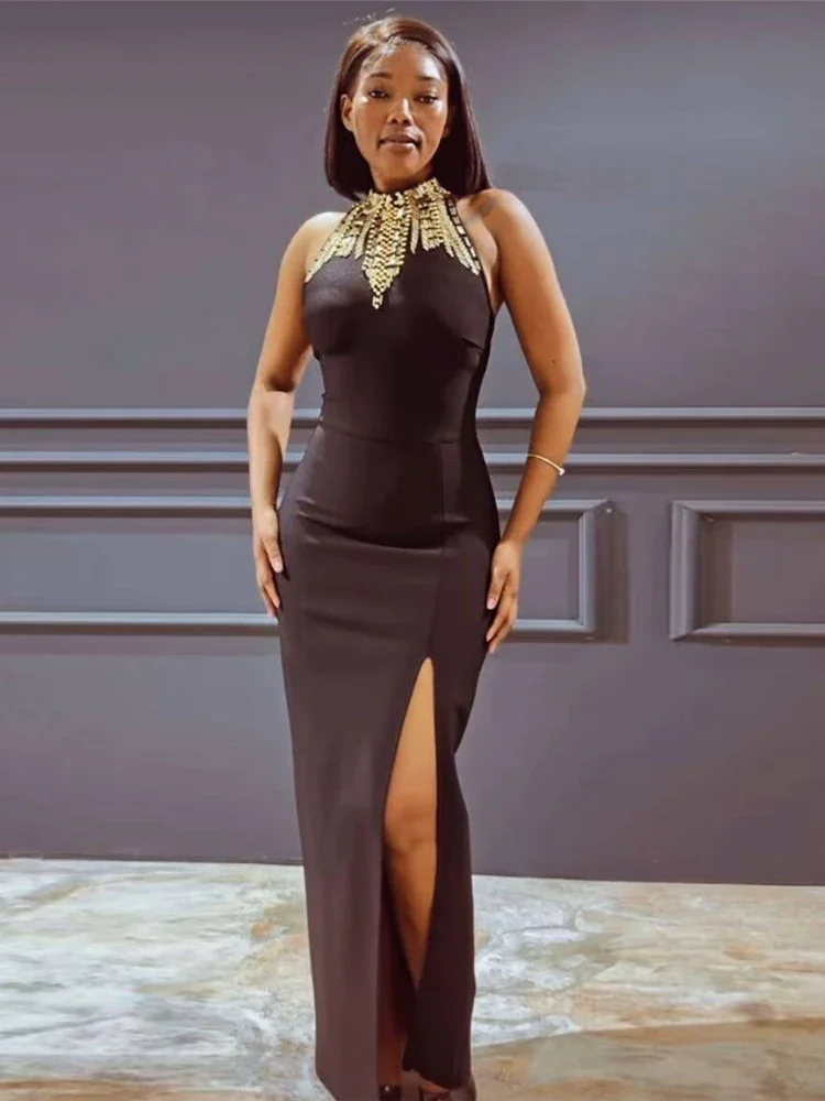 

Sexy Backless O Neck Gold Diamonds Beaded Bandage Dress Women Black Sleeveless Split Bodycon Celebrity Evening Party Dresses