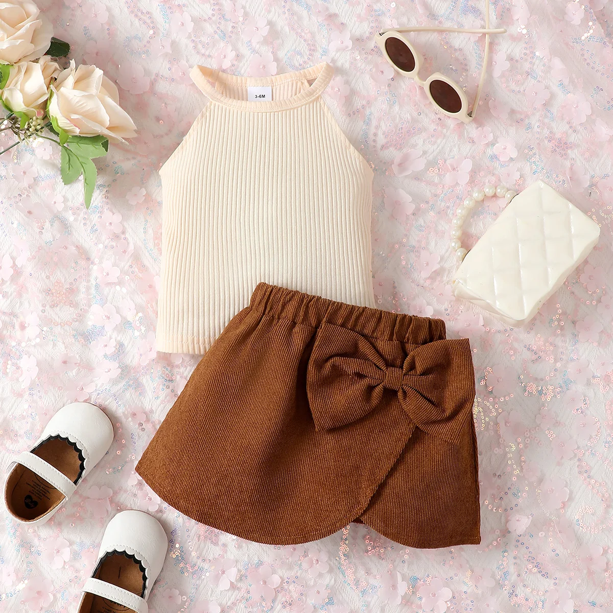 Fashion Baby Girl 2-Piece Set, Halter Sleeveless Top & Bow Decorated Skirt Outfit