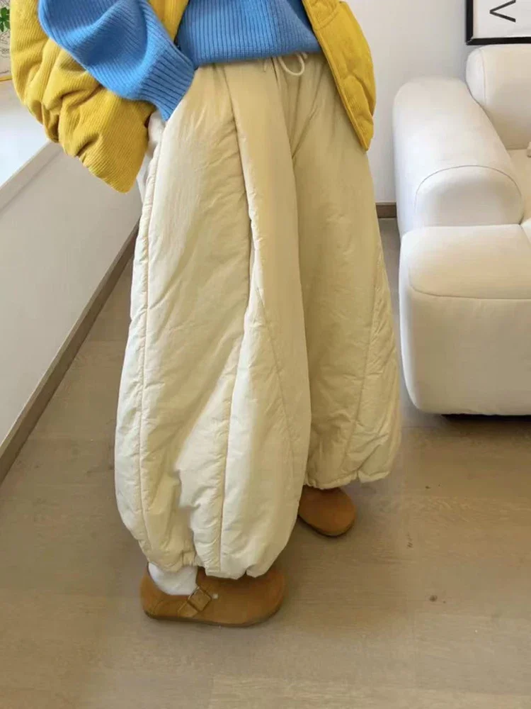 กางเกงขายาวทรงหลวมสไตล์ญี่ปุ่นสำหรับผู้หญิงไซส์ใหญ่ กางเกงบลูมเมอร์หนา อุ่น ใส่สบาย เอวสูง มีเชือกผูก เข้าได้กับทุกชุด ทรงตรง