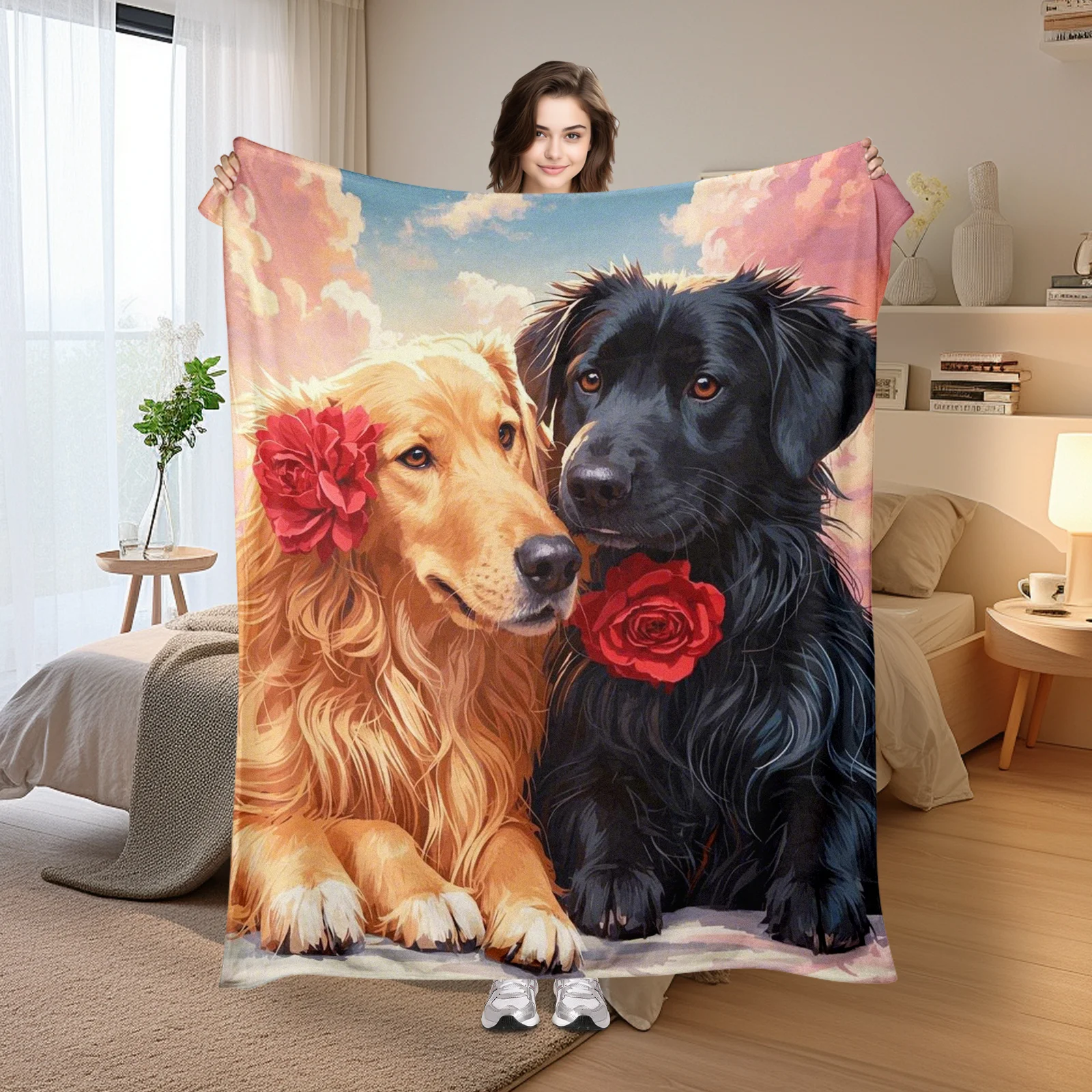 

Adorable Dog Flower Pink Sky Couples Blanket Romantic Plaid Throw For Cozy Home Decor Gift Idea Warm Elegant Design For Two