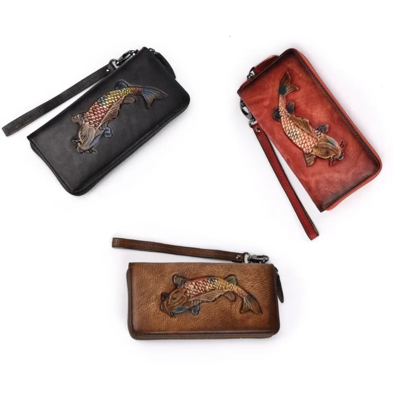 

Retro Genuine Leather Wallet Women's Wallet For Female New Wristband Zipper Cell Phone Bag Golden Fish Engraved Clutches