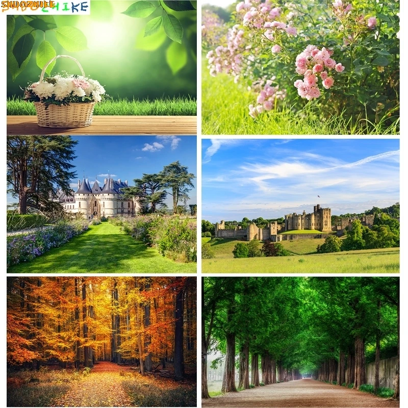 

Autumn European Street Scenery Photography Backdrops Props Blue Sky White Cloud Nature lawn Forest Photo Studio Background KH-06