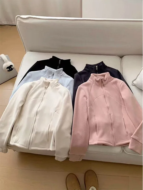 

Women's Stand Collar Thickened Fleece Hoodie Cardigan Short Style Waist Shaping Yoga Top Autumn Winter Outerwear Jacket
