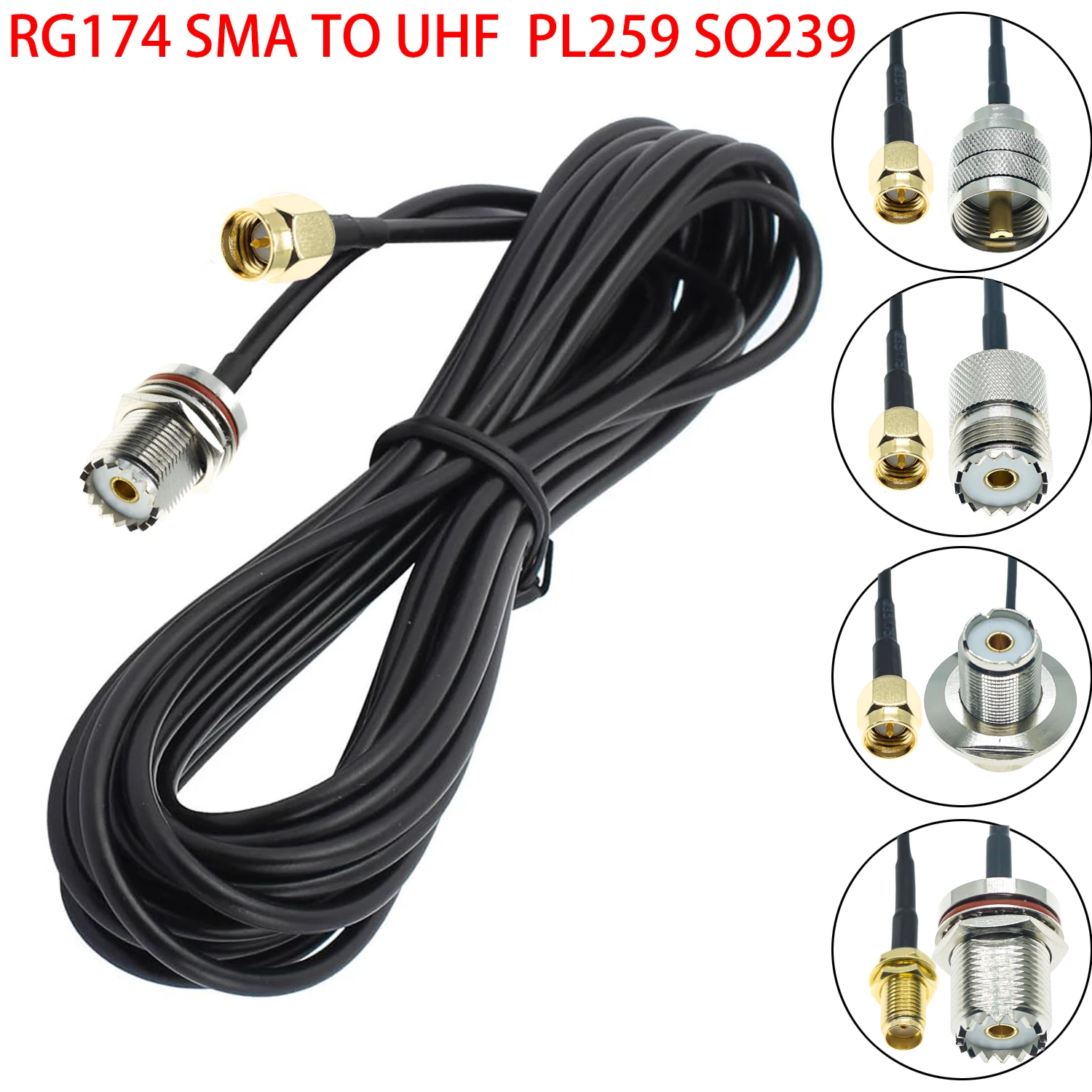 RG174 Cable SMA to UHF PL259 SO239 Male Female Plug Jack Right Angle Crimp Coaxial Connector RF antenna extension wire Coax