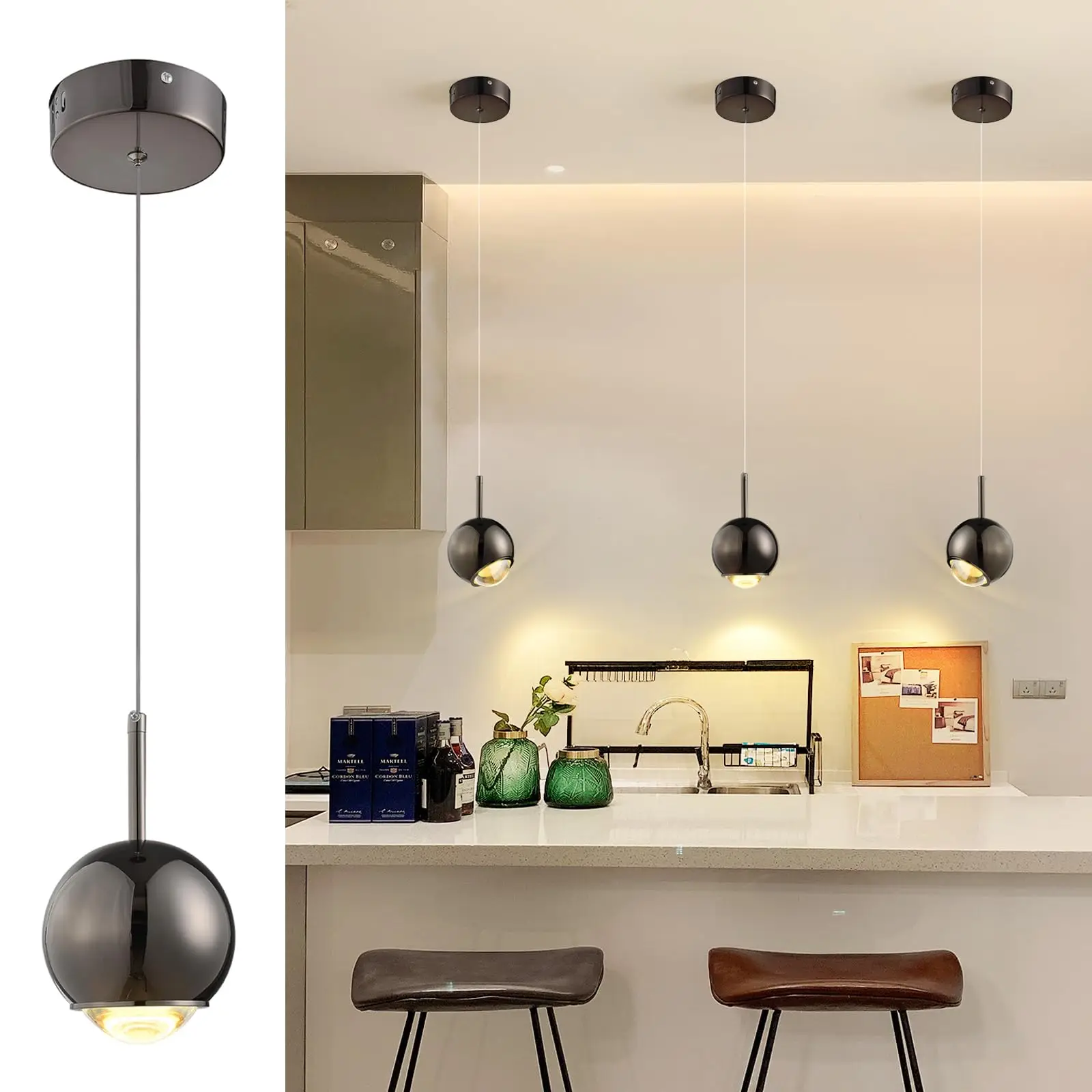 Modern LED Kitchen Island Light Fixture, 7W LED Black Mini Pendant Light Fixture, Small Globe Crystal Pendant Lighting for Room