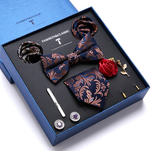 Caja de regalo navideña de alta calidad, corbata Floral azul de 7,5 cm, pañuelo cuadrado de bolsillo, conjunto de Clip para gemelos, corbata para hombre, regalo de cumpleaños