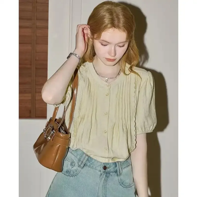 Women's Pastel Yellow Pleated Short Sleeve Blouse Sweet Round Neck Puff Sleeve Loose Casual Top