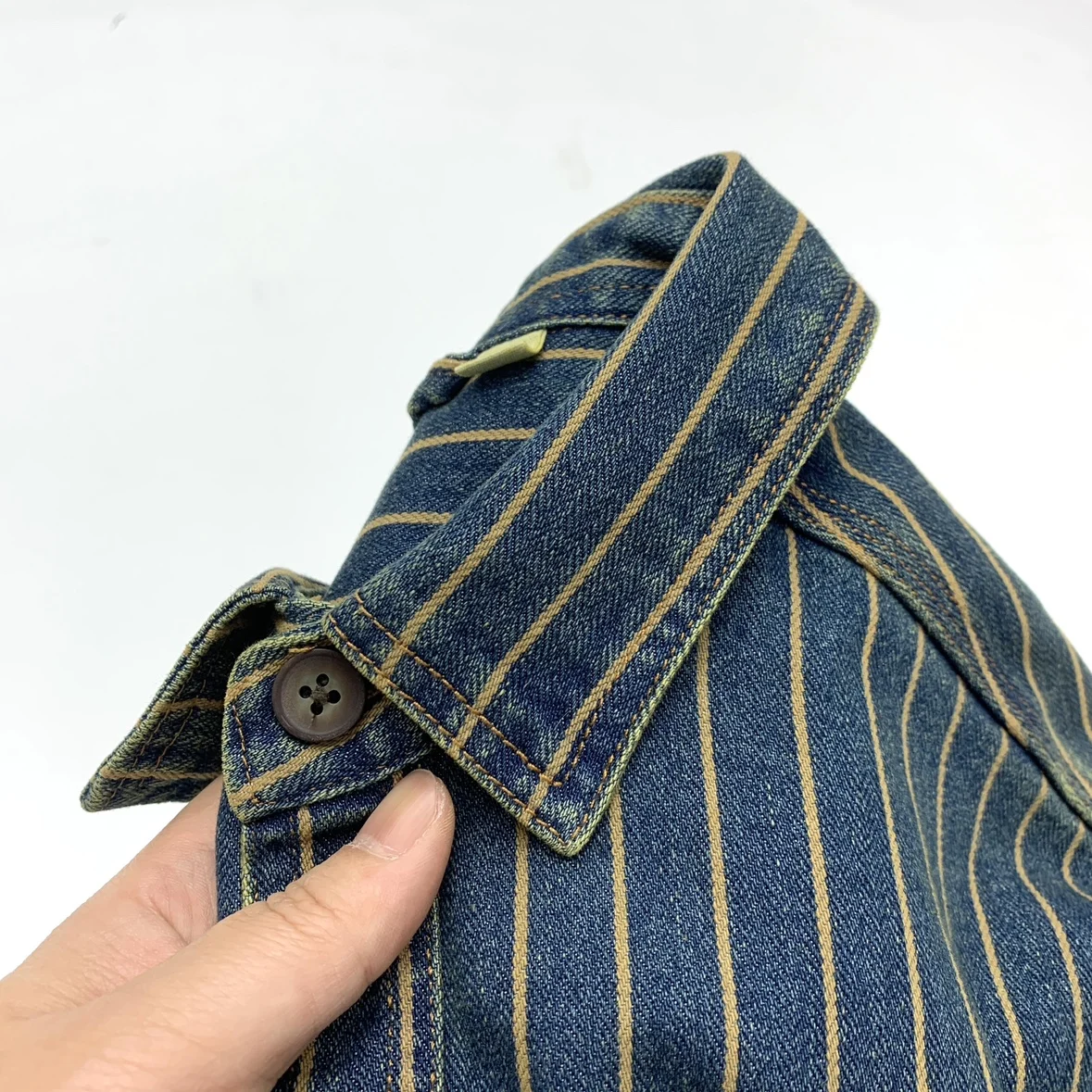 Heavy Washed Men's Striped Denim Shirt Vintage Workwear Jacket Thick Cotton Long Sleeve Autumn Ameika Outerwear