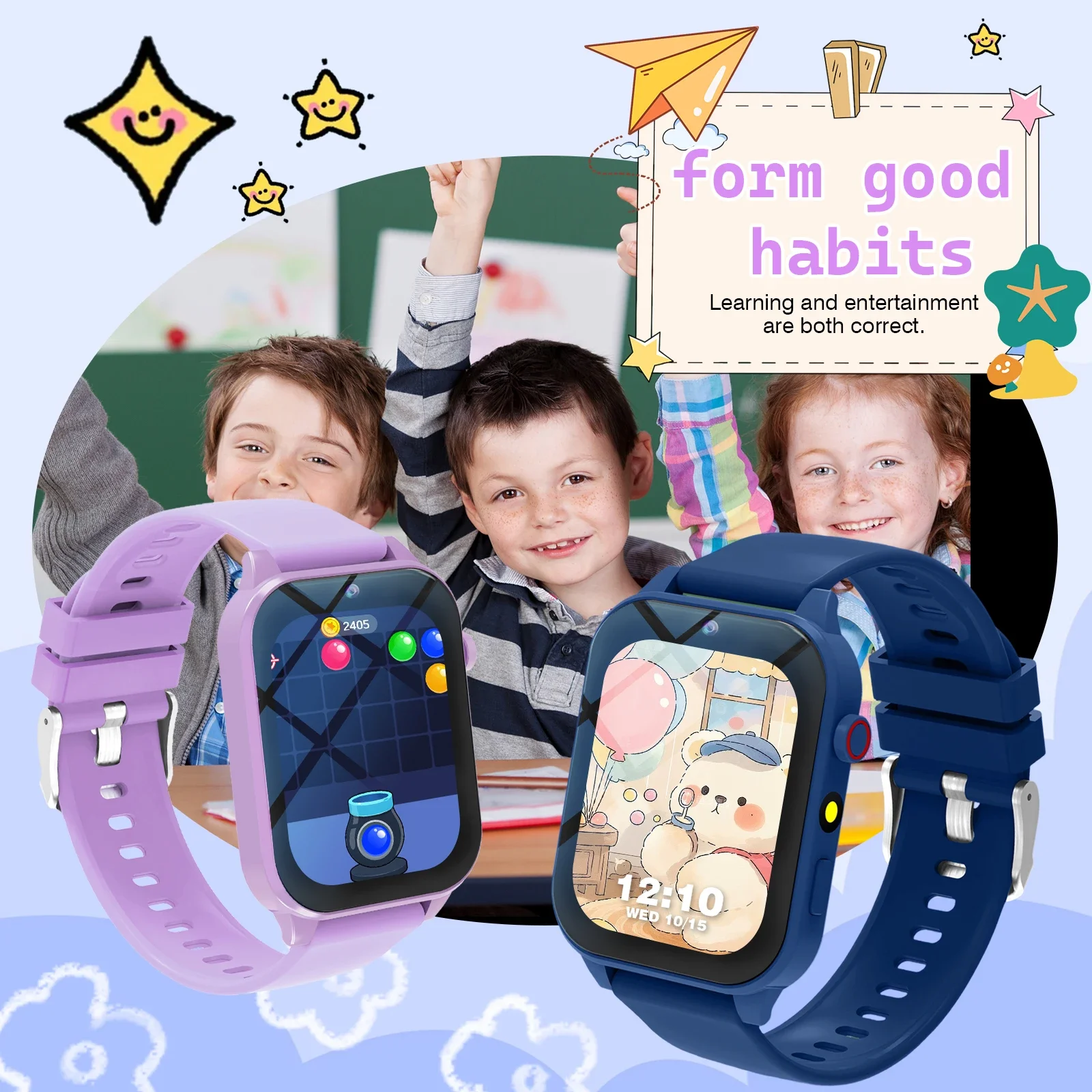 ساعة ذكية للأطفال، 18 لعبة تعليمية، مع مصباح يدوي، كاميرا، ساعة منبه، آلة حاسبة، كتاب القصص، حزام
