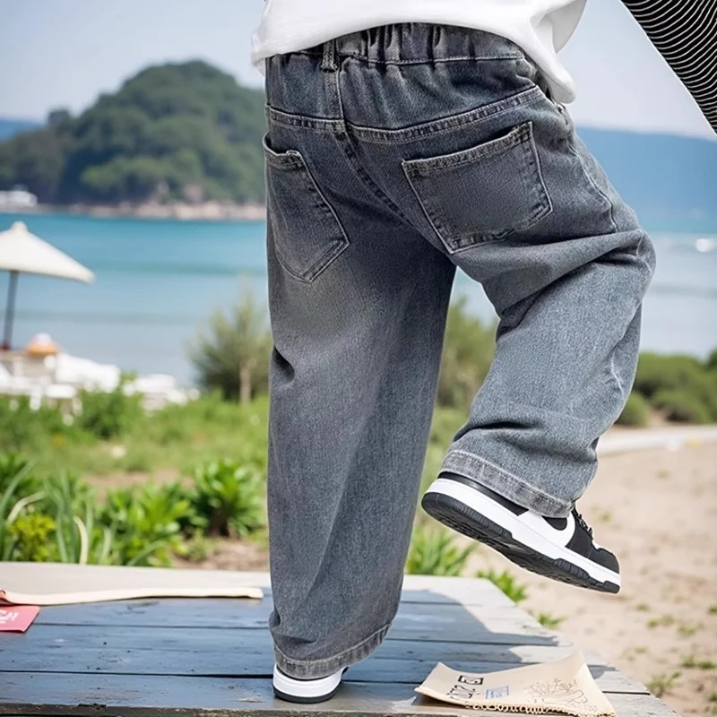 Kids Pants Boys Korean Childrens Pocket Clothing 2025 Spring New Trousers Straight Wide Legs Jeans Spring New High Quality 4-14T
