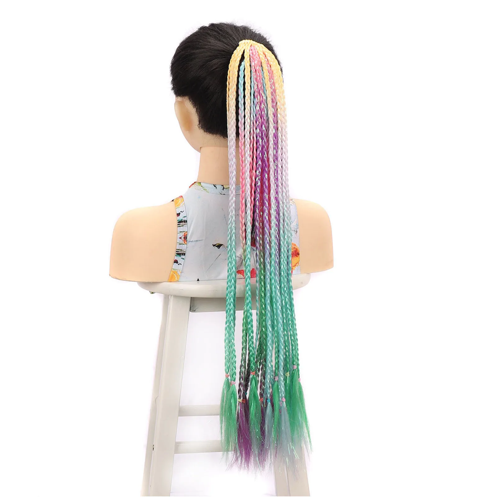 Synthetic Colored Braids Hair Extensions with Rubber Bands Rainbow Ponytails Braided Colorful Hair for Girls Kids Crazy Hair Day view 4