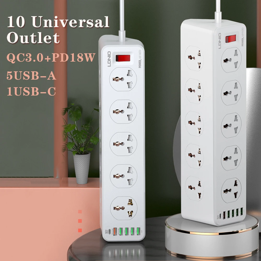 Universal Power Strip Extension Cord Socket 10 Outlet Multi Plug QC PD Fast Charging USB Charger for iPhone 13 12 EU US UK Plug