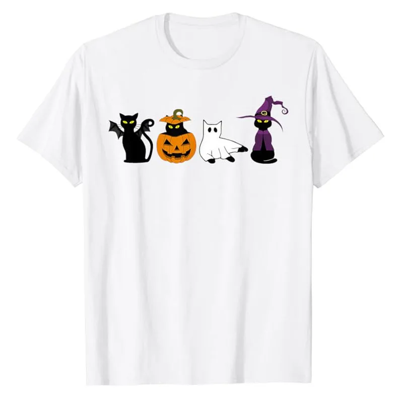 Retro Black Cat Halloween Pumpkin Costume for Women Men T-Shirt Kitty Lover Graphic Tee Tops Cute Kitten Graphic Outfits Gifts