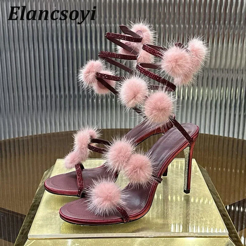 High Heels Sandals Women's Bling Rhinestone Fur Ball Decor Snake Shaped Winding Banquet Shoes Sexy Thin Heels Open Toe Sandalias