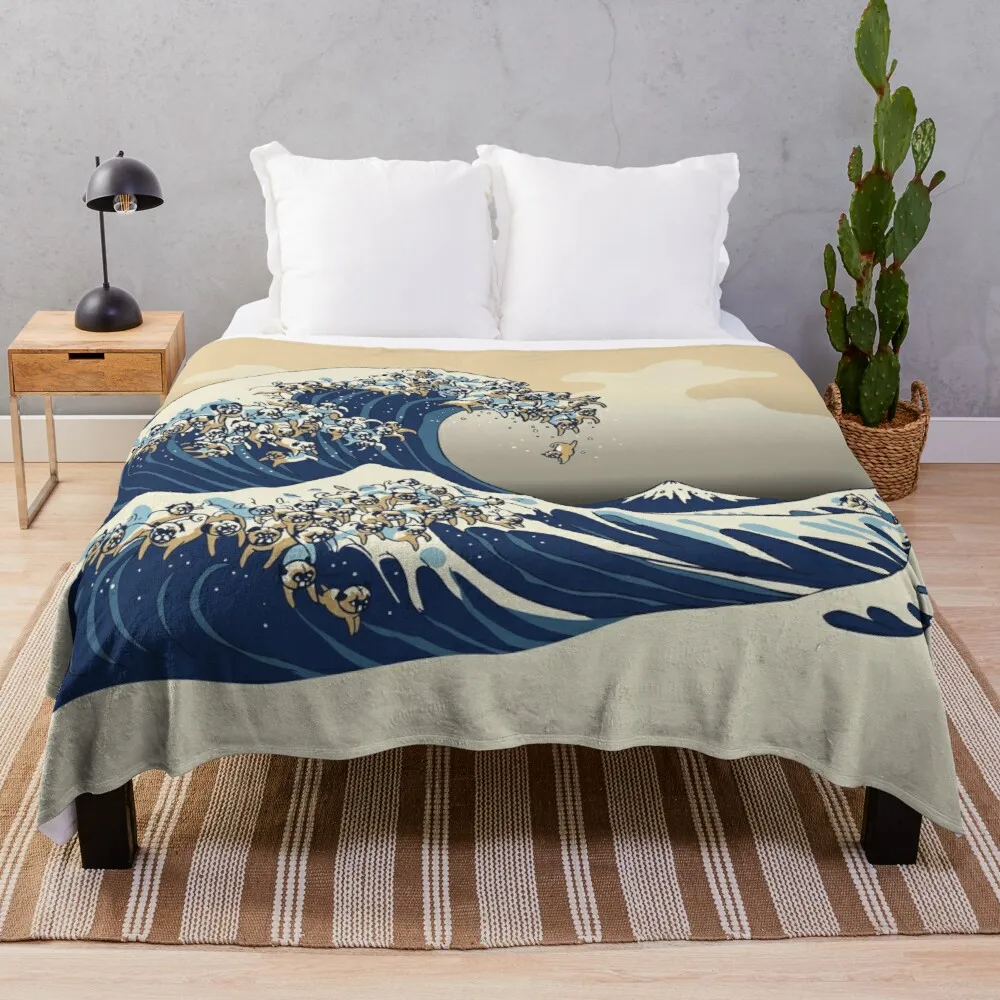 The Great Wave of Pugs Vanilla Sky Throw Blanket