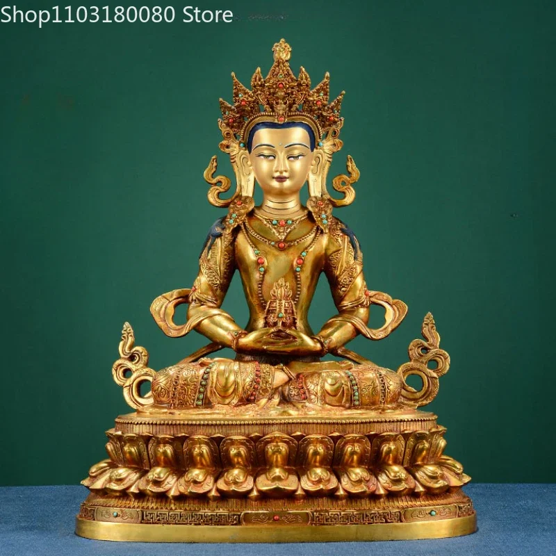 33cm Copper gilt carving  Amitayus longevity god Buddha statue Tibet buddhism longevity buddha sculpture Temple home decor Large