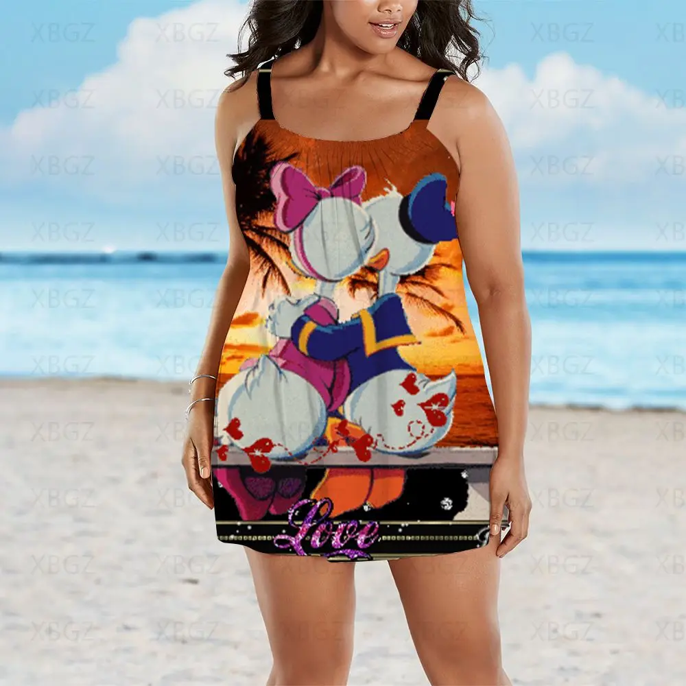 Mais tamanho roupas de verão chique e elegante mulher vestido solto vestidos mulher praia dos desenhos animados 2022 pato donald sling impressão sexy disney