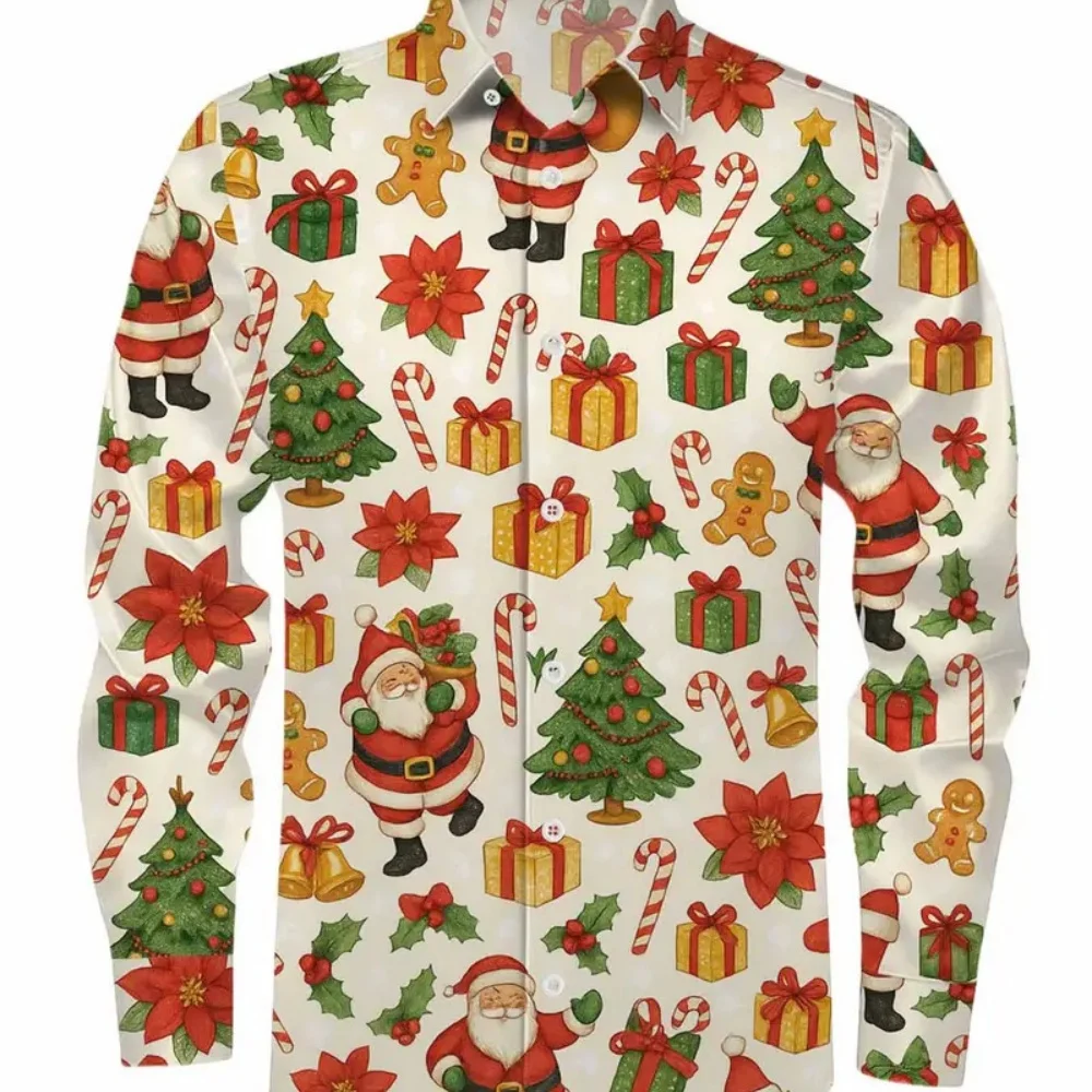 Men's plus Size Christmas Shirt 2025 Cartoon Cat Print Long Sleeve Button-Up Fun Christmas Party Shirt Fast Shipping