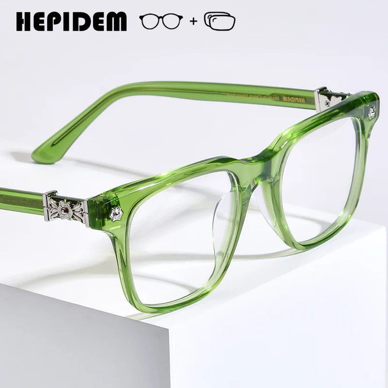 HEPIDEM Progressive Prescription Glasses Anti Blue Myopia Optical Lens Chrome Eyewear Men Acetate Square Eyeglasses Frame 9395