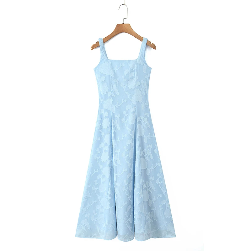 Elegant Women Sexy Sleeveless A-line Midi Jacquard Light Blue Red Dress Party Vestidos