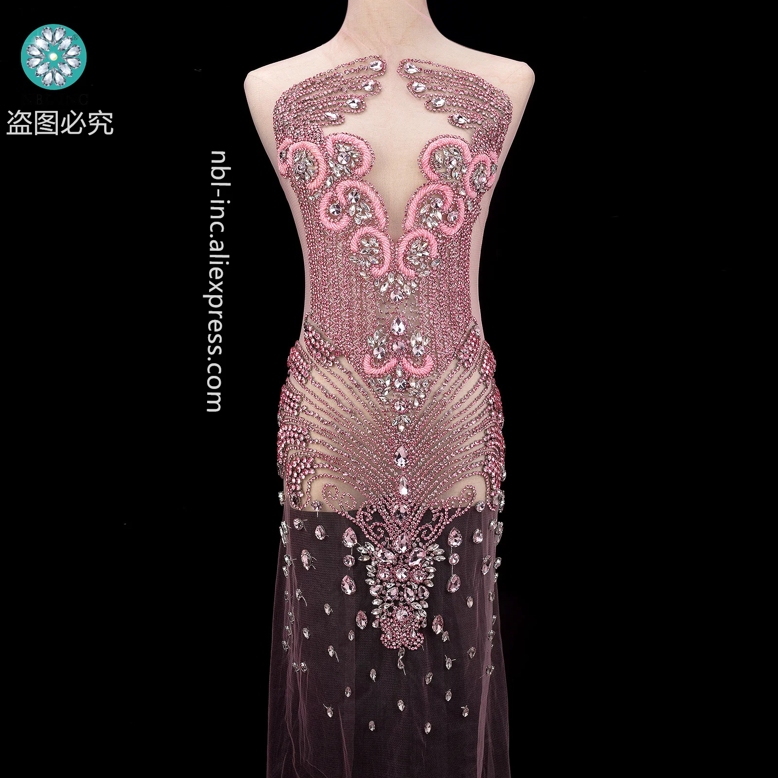 (1PC) Luxury hand-made crystal rhinestone bodice applique pink for wedding panel sew on hot sale WDD1359-PK