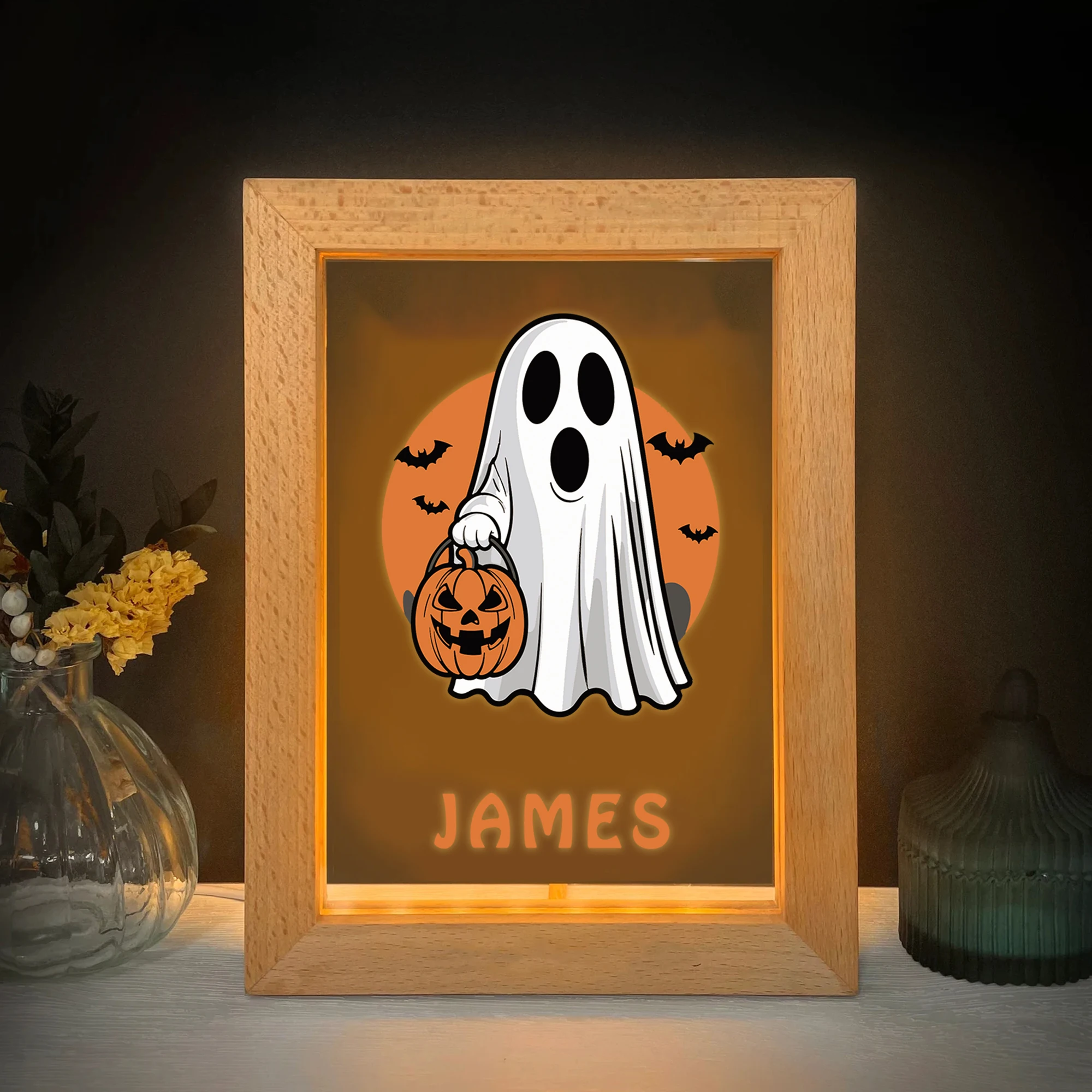 2D плоское индивидуальное имя призрак Джек-фонарь светодиодный акриловый ночник деревянная фоторамка 21x17 см подарки для спальни на Хэллоуин домашний декор