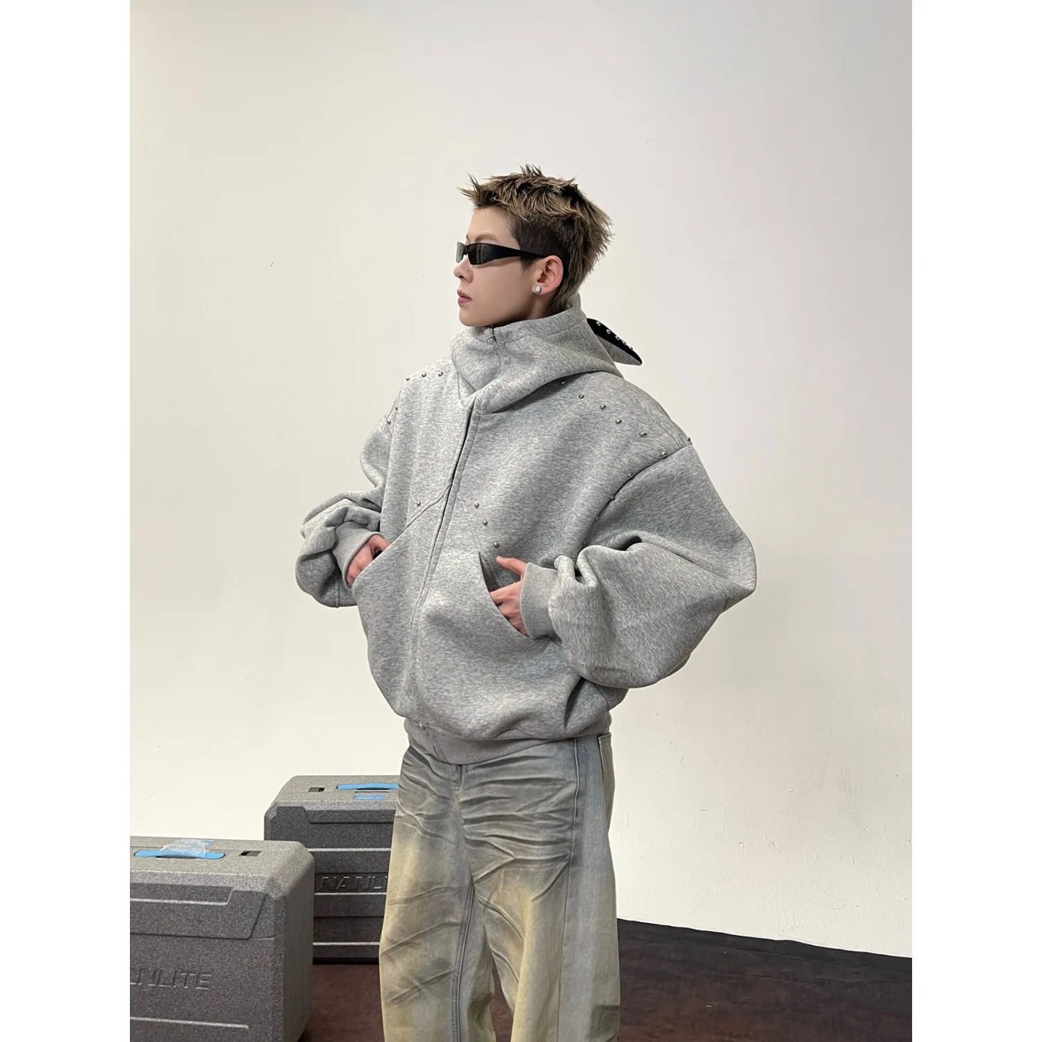 Pesante 250 Pou Autunno Inverno Uomo American Sle Coppia allentata Cardigan Felpa con cappuccio Jaet Fibra di poliestere Traspirante Lungo...