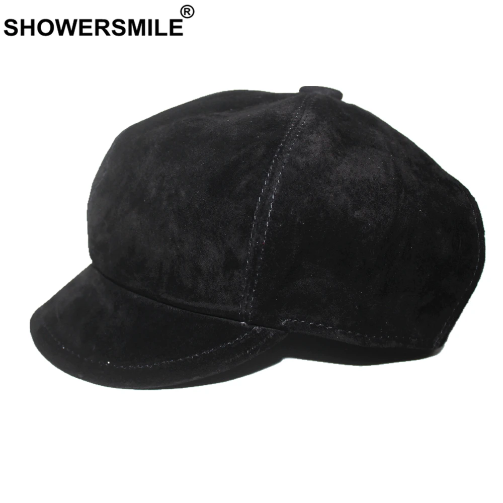 SHOWERSMILE Black Genuine Suede Leather Newsboy Cap Ladies Beret Autumn Winter Hats for Women British style Female Painter Hat