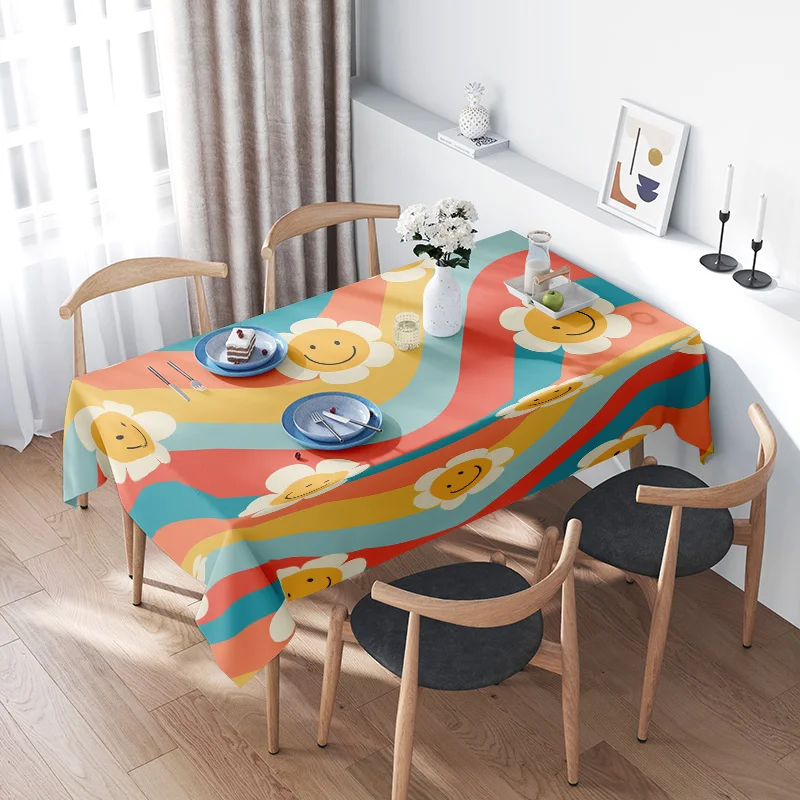 Dining Tablecloth Bright Sunflower Print for Kitchen Home Decoration Washable Spandex Table Linen Cover Yellow Flowers Pattern
