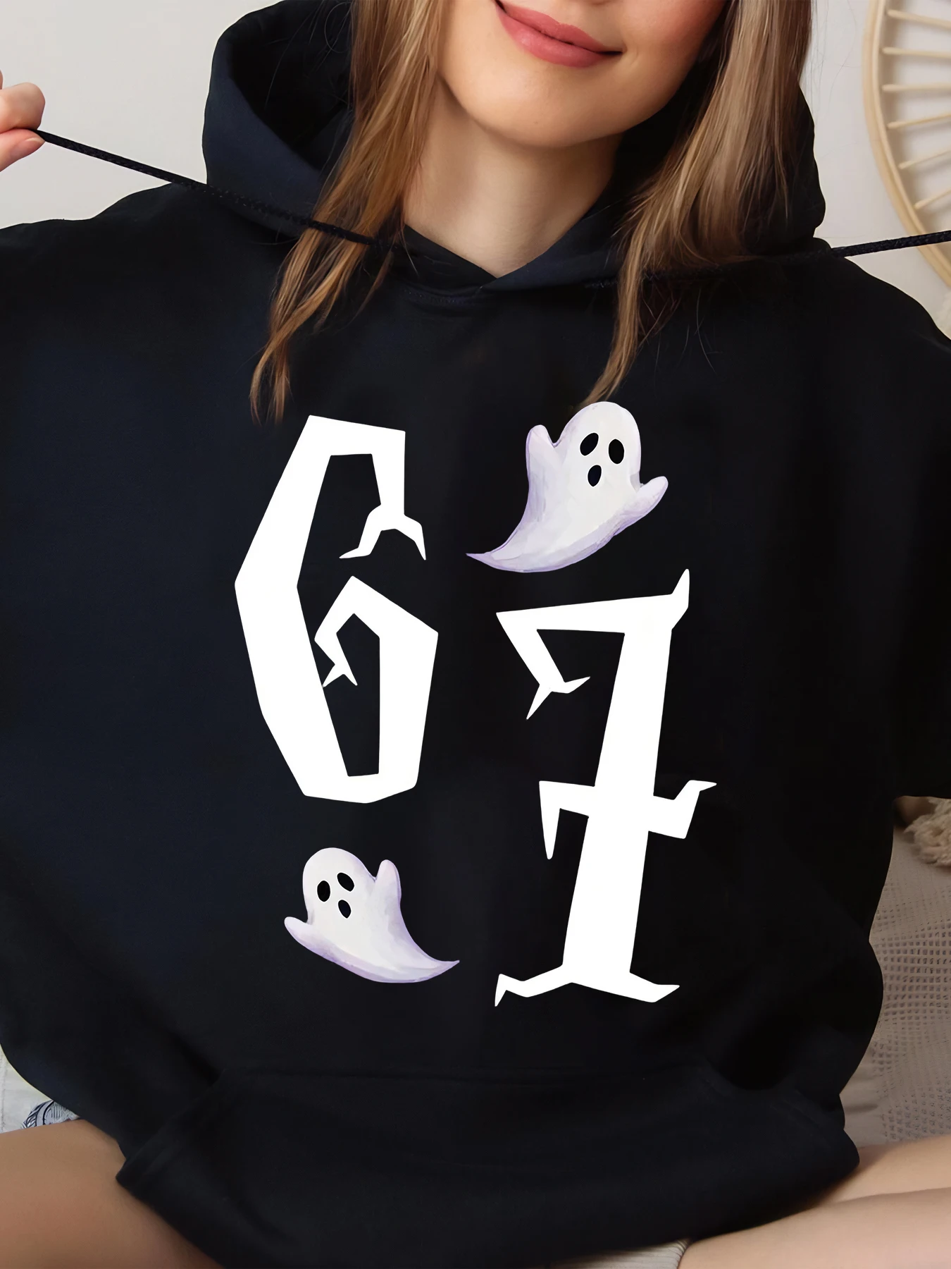 

Ghost 69 Print Halloween Hoodie for Women Casual Wear Black Big Size