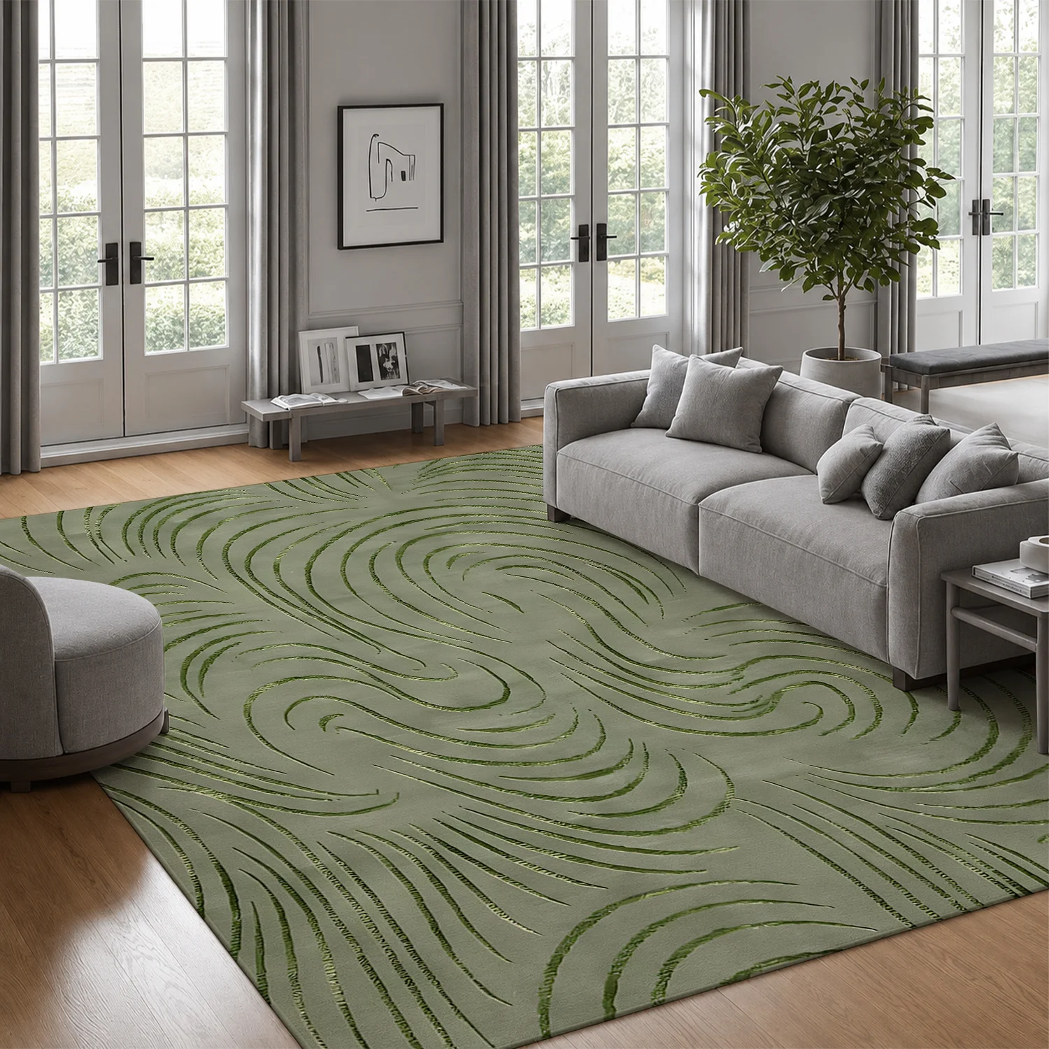 Large Indoor Area Rug, Soft Velvet Low Pile with Non-Slip Dotted Backing, Machine Washable, Sage Green Abstract Swirl Pattern for Living Room Bedroom Modern Home Decor