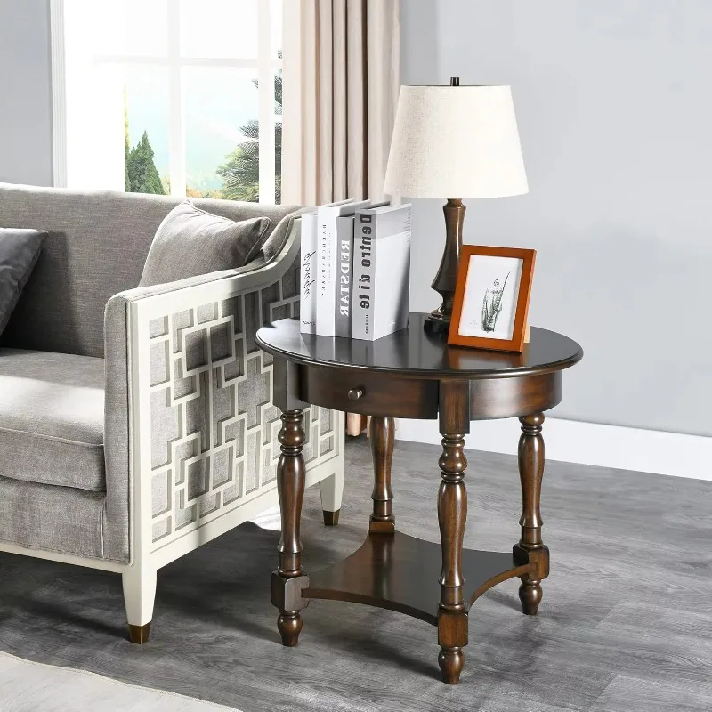 Retro Walnut Solid Wood End Table Sofa Side Table with Drawer