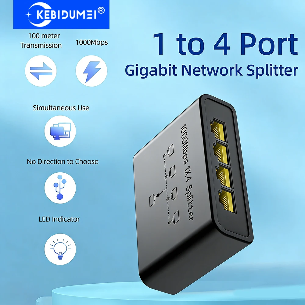 

KEBIDUMEI 1x4 Splitter 1000 Мбит/с, гигабитный Ethernet, высокопроизводительный интеллектуальный коммутатор, 5 портов, сетевой разъем, адаптер-сплиттер RJ45