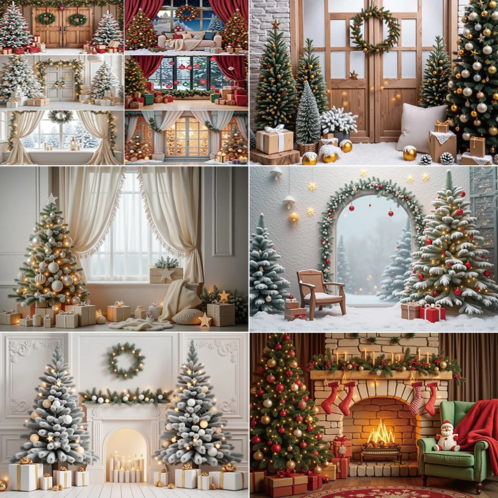 

MOON.QG 2025 Christmas Photography Background Arch Window Fireplace Wooden Door Photocall Backdrop Child Studio Photobooth Props