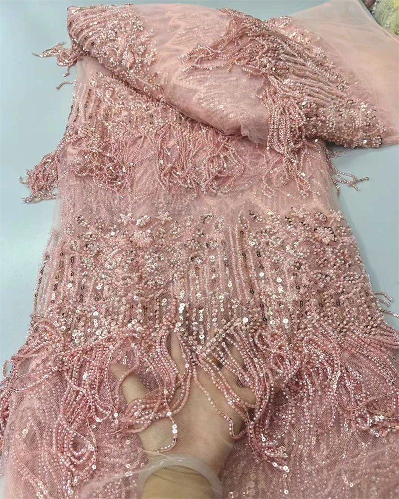 

African Heavy Beaded Lace Fabric 2026 High Quality Nigerian Sequin Pearl Lace French Tulle Fabric For Wedding Party Dress Sewing