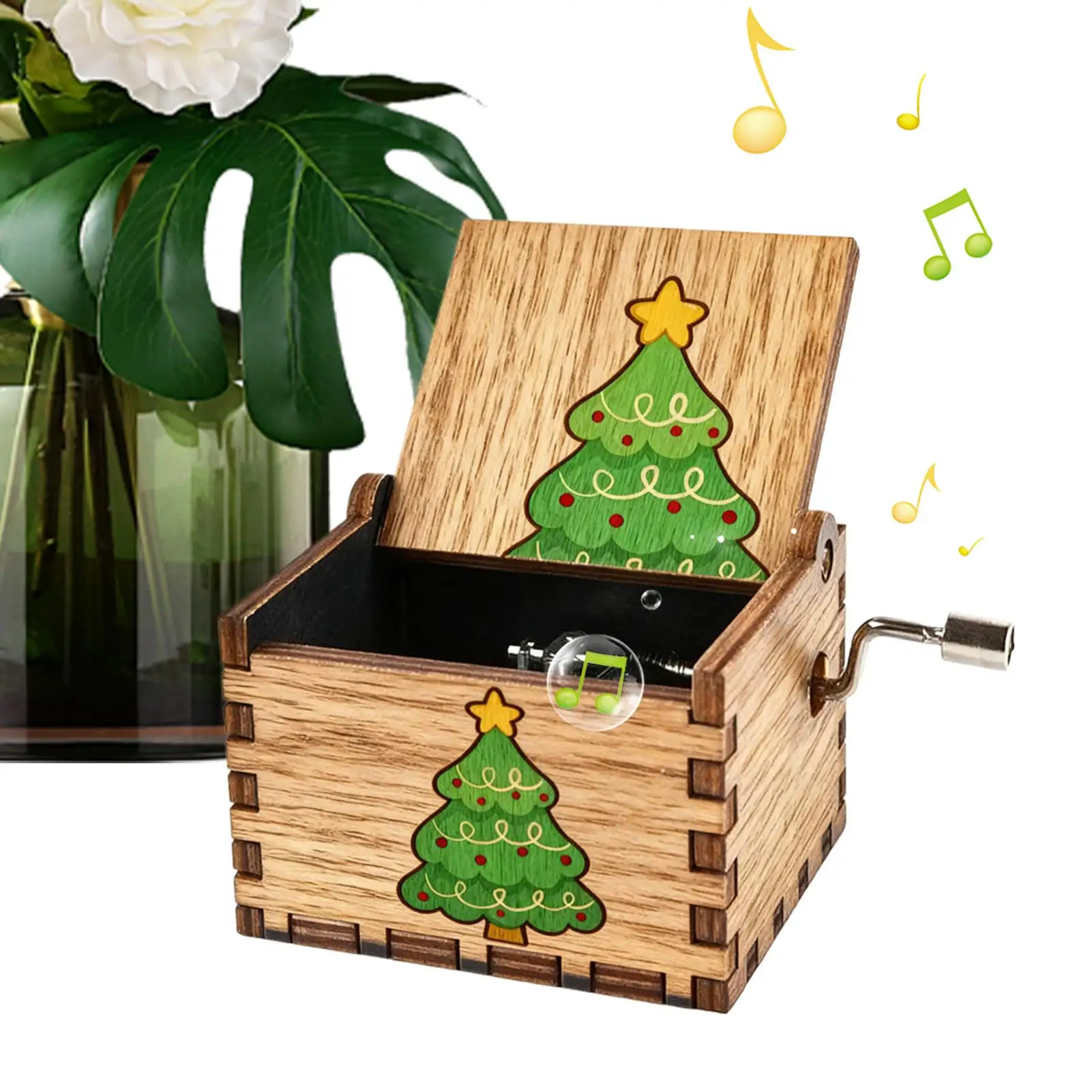 Christmas Music Box Wood Hand Crank Music Box Decoration Holiday Musical Box Ornament Christmas Tree Themed Handicrafts