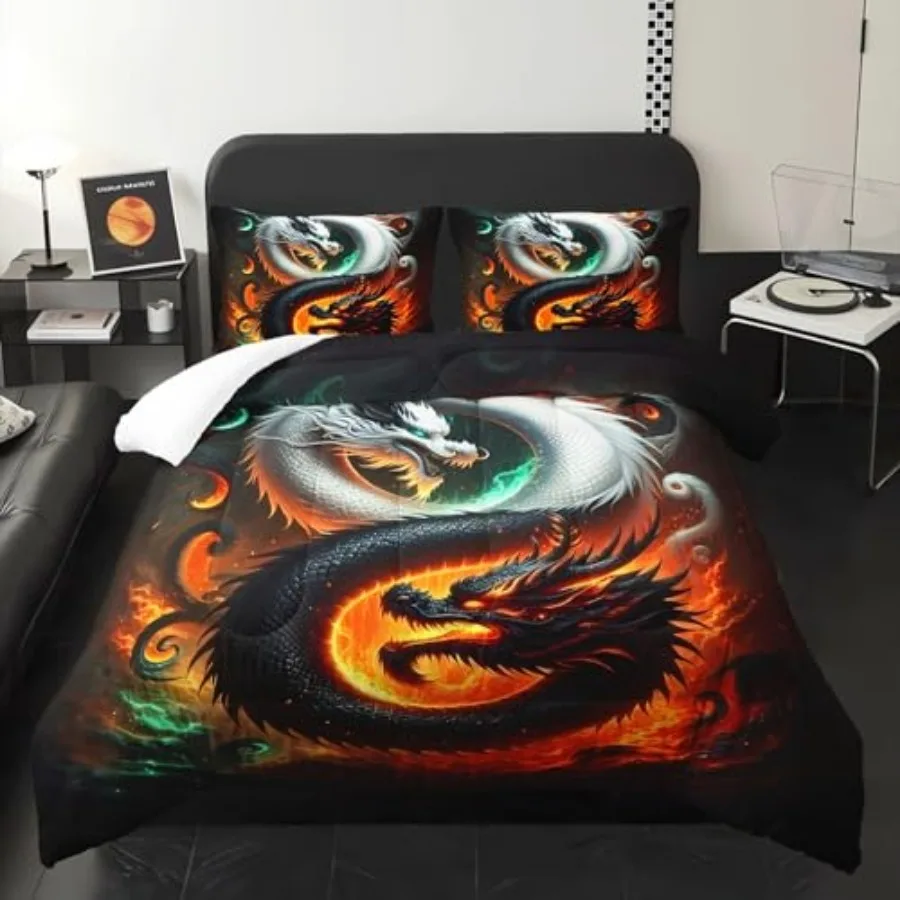 

3D Black and White Dragon Comforter 3Pcs Wild Animal Dragon Mysterious Pattern Bedding Set for Kid Teen Girl Boy Adult Gothic M