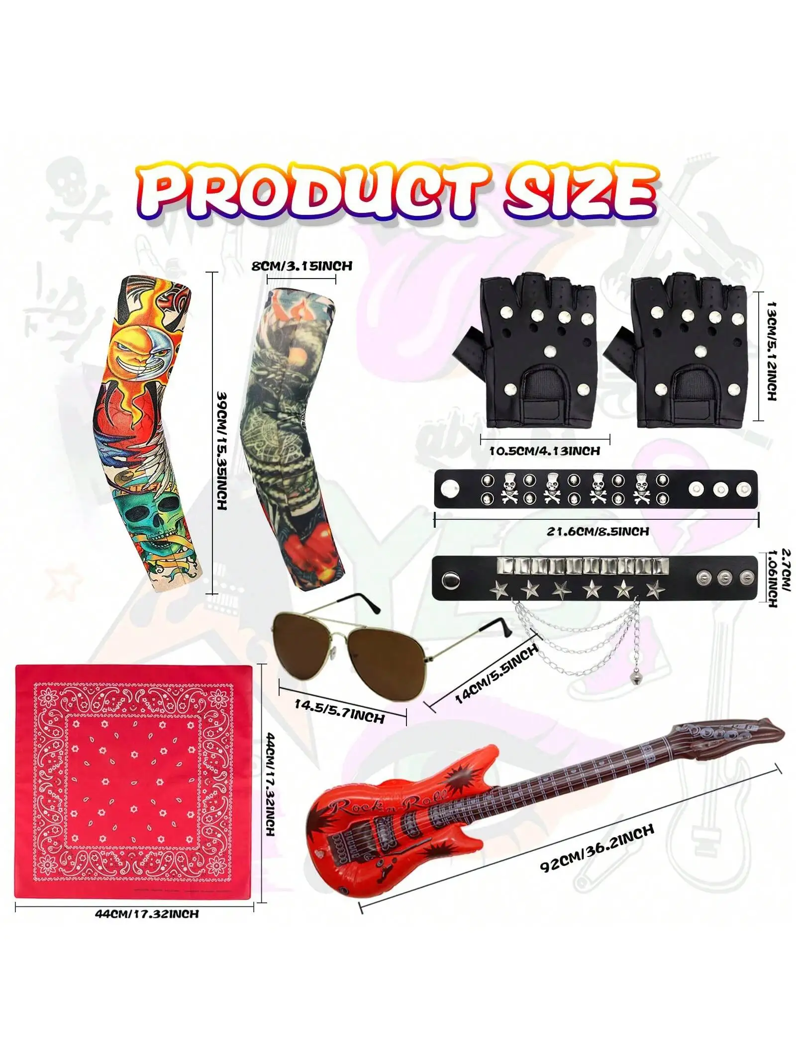 6 Pcs Punk Rocker Gothic Party Kit 80s 90s Inflatable Microphone and Guitar Sleeves Arm, Vintage Red Headband, Sunglasses