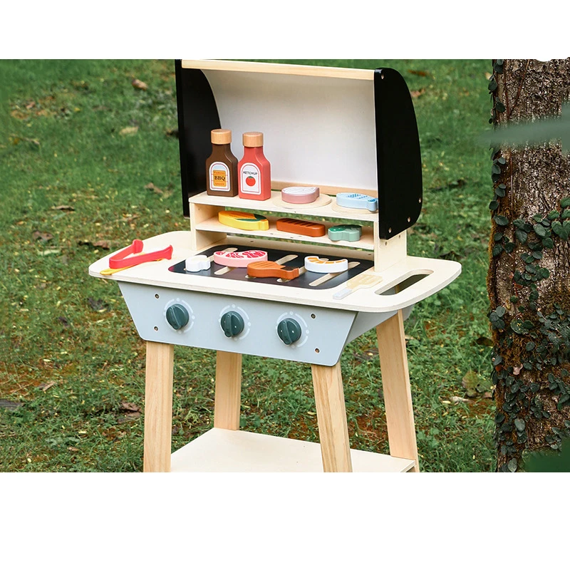 

Children Wooden Simulation Barbecue Play House Toy Wood Early Education Kitchen Party Toys Set For Boys and Girls