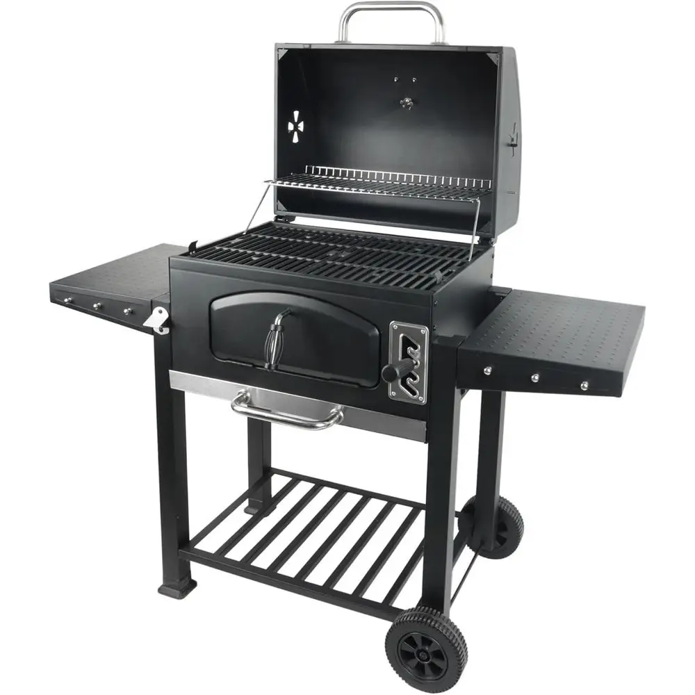 

24-Inch Charcoal BBQ Grill with Side Tables and Built-In Temperature Gauge in Black