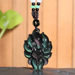100% Natural Rainbow Obsidian Fox Pendant Nine-tailed Fox Crystal Necklace For Men Women Lucky Amulet Necklace
