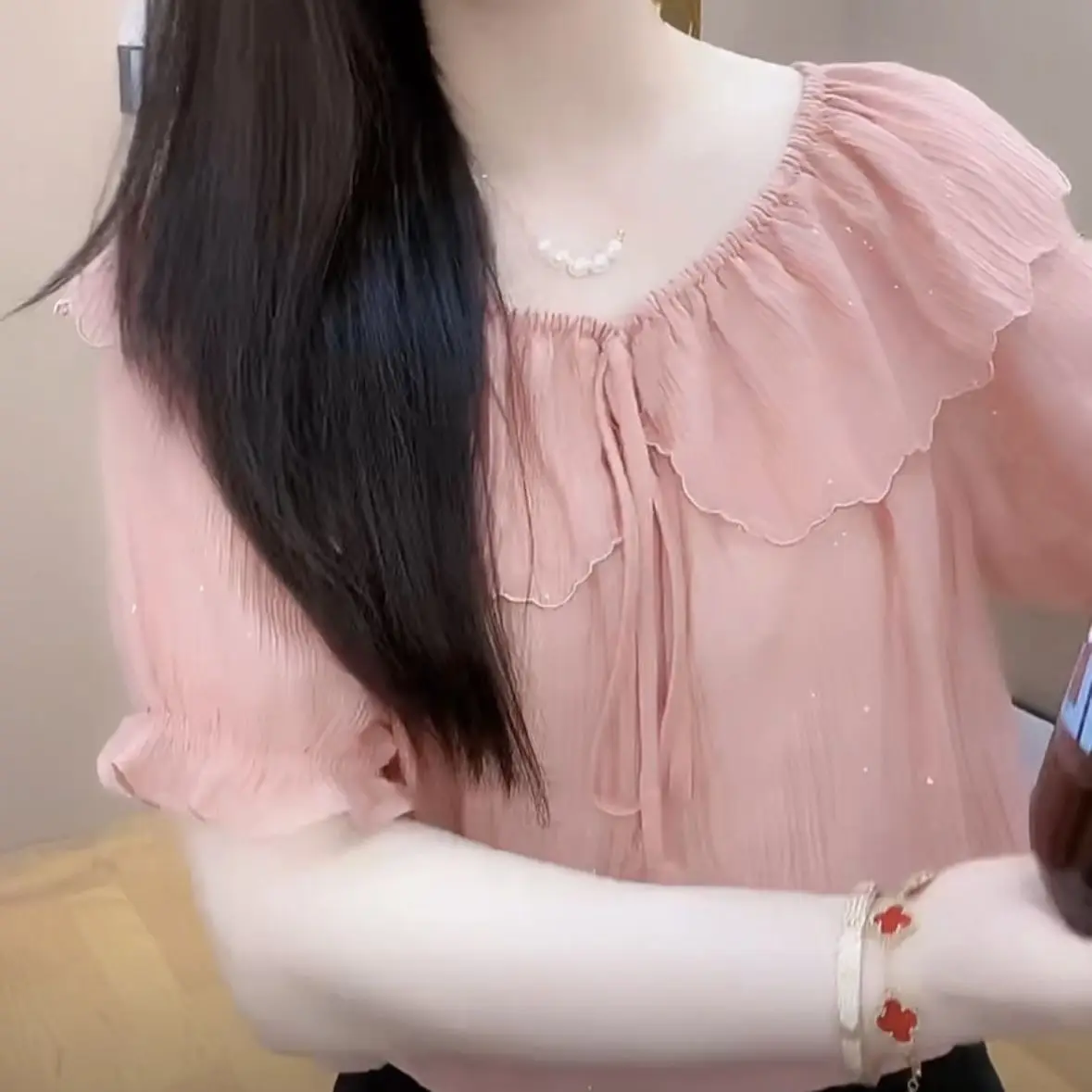 French Sweet Lotus Leaf 2025 เสื้อชีฟองผู้หญิงฤดูร้อนใหม่